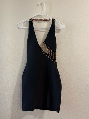 Black Halter Neck V-Neck Mini Dress with Gold Chain Detail